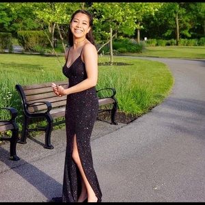 Black sparkly prom dress with slit